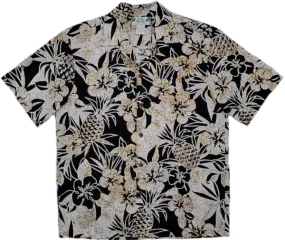 Black Hawaiian Aloha Shirt with Pineapple and Hibiscus Print