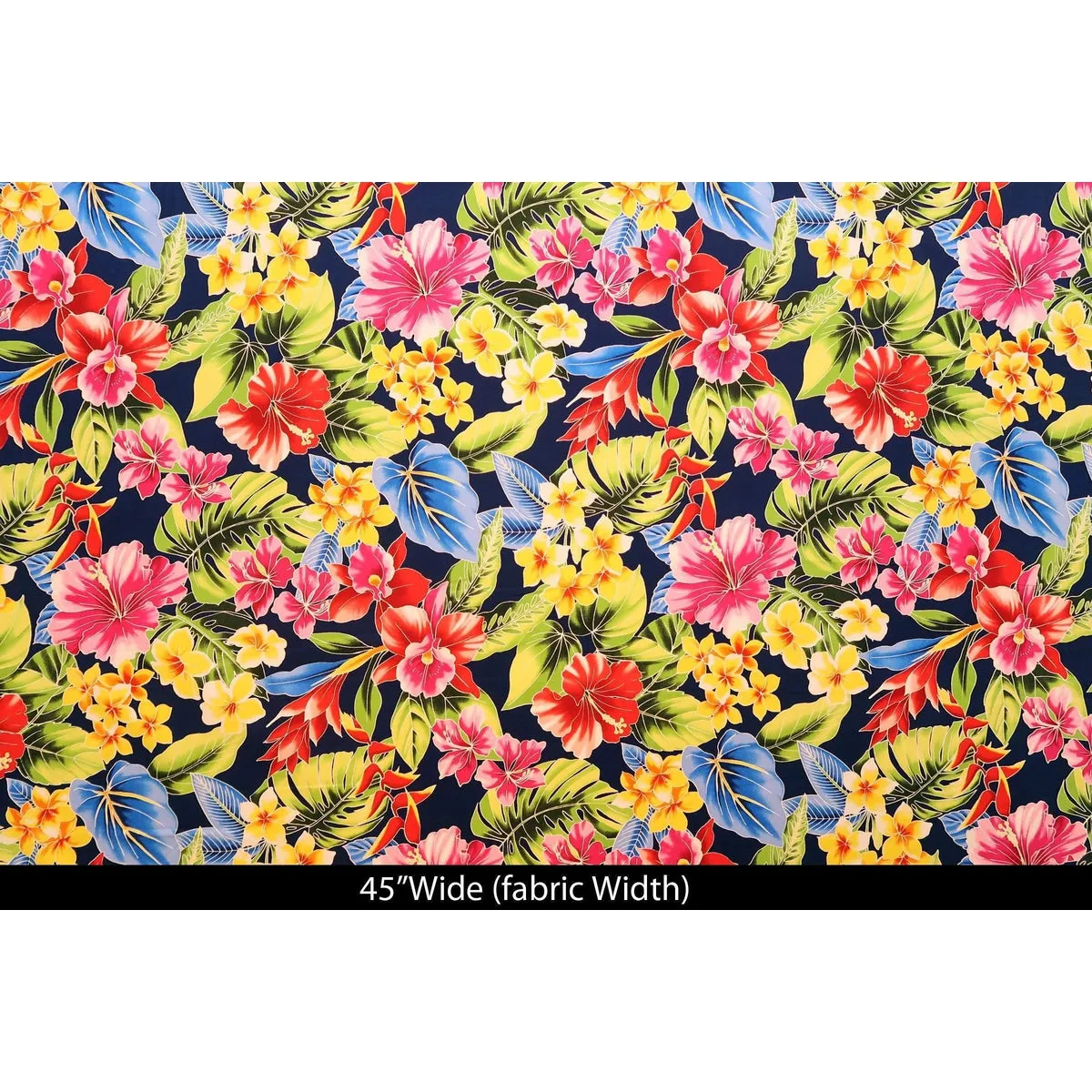 Blue Anthurium and Orchid Hawaiian Fabric | Navy BLU-0004C