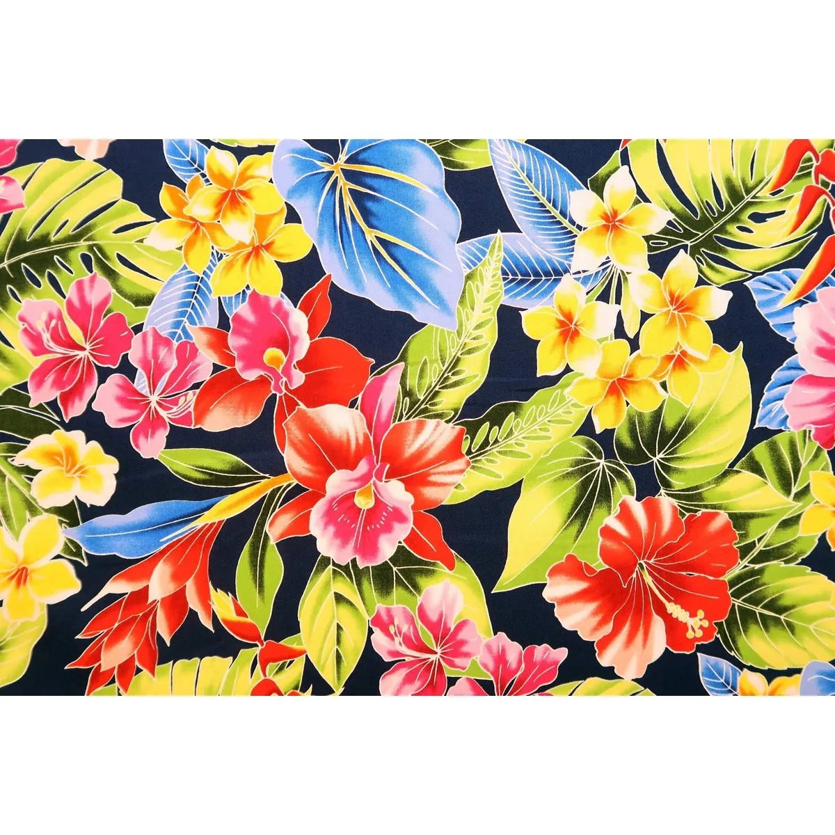 Blue Anthurium and Orchid Hawaiian Fabric | Navy BLU-0004C