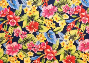 Blue Anthurium and Orchid Hawaiian Fabric | Navy BLU-0004C