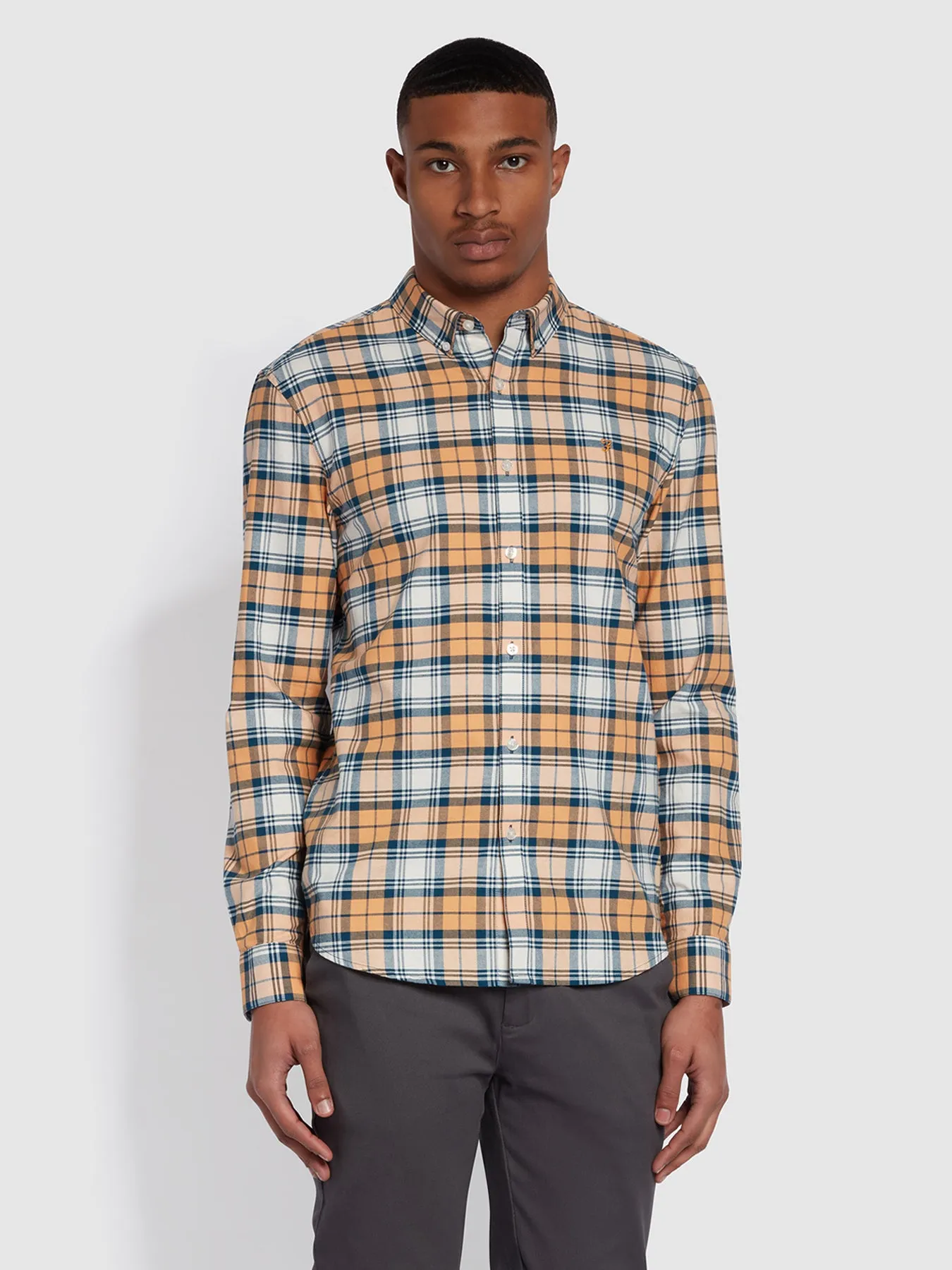 Brewer Slim Fit Organic Cotton Check Shirt In Vintage Orange