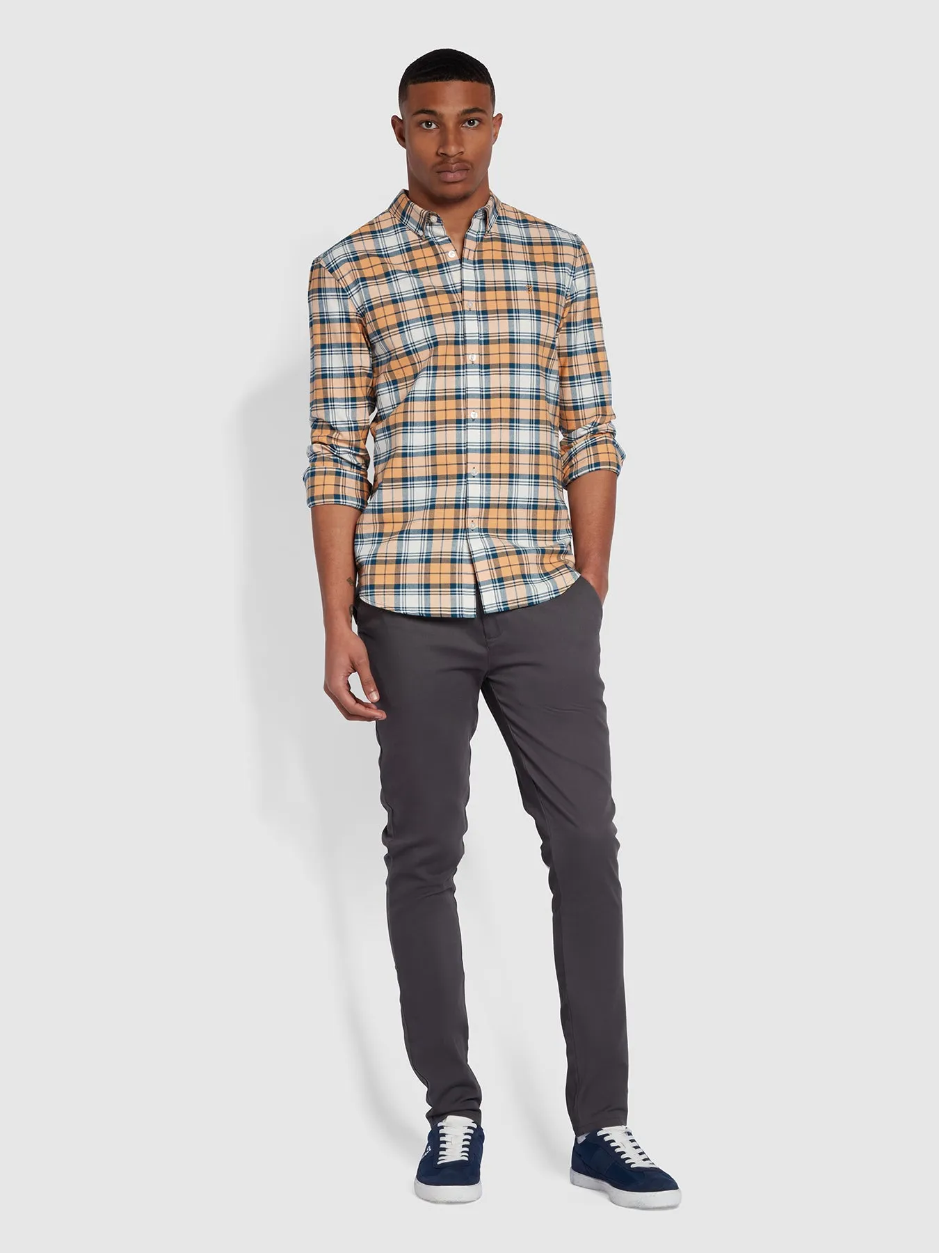 Brewer Slim Fit Organic Cotton Check Shirt In Vintage Orange