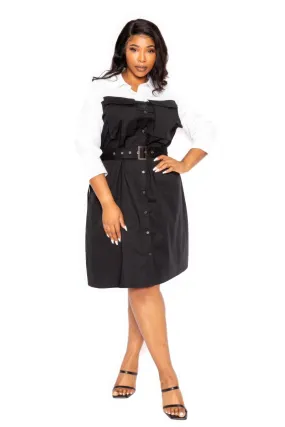 Classic Black Shirt Dress With Pockets(1X - 3X)