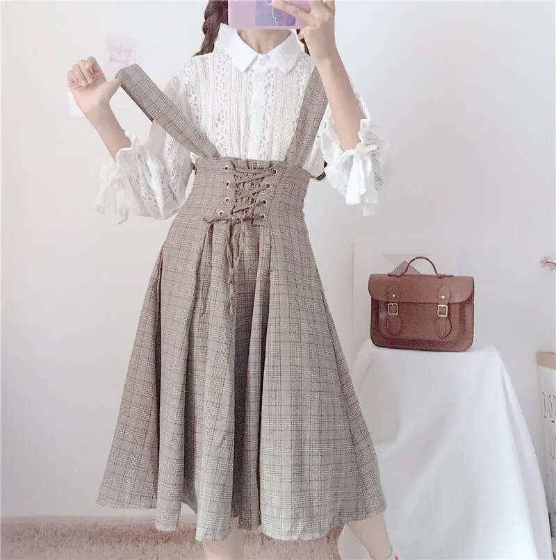 JAPANESE SWEET SOFTGIRL LACE SHIRT & PLAID SUSPENDERS DRESS BY98052