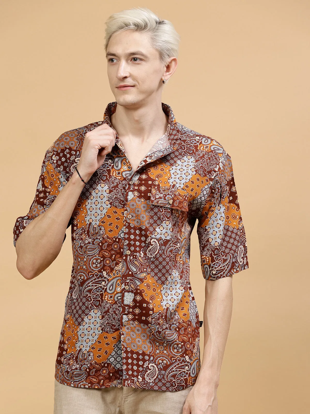 Men's Paisley Print Drop-Shoulder Hawaiian Shirt