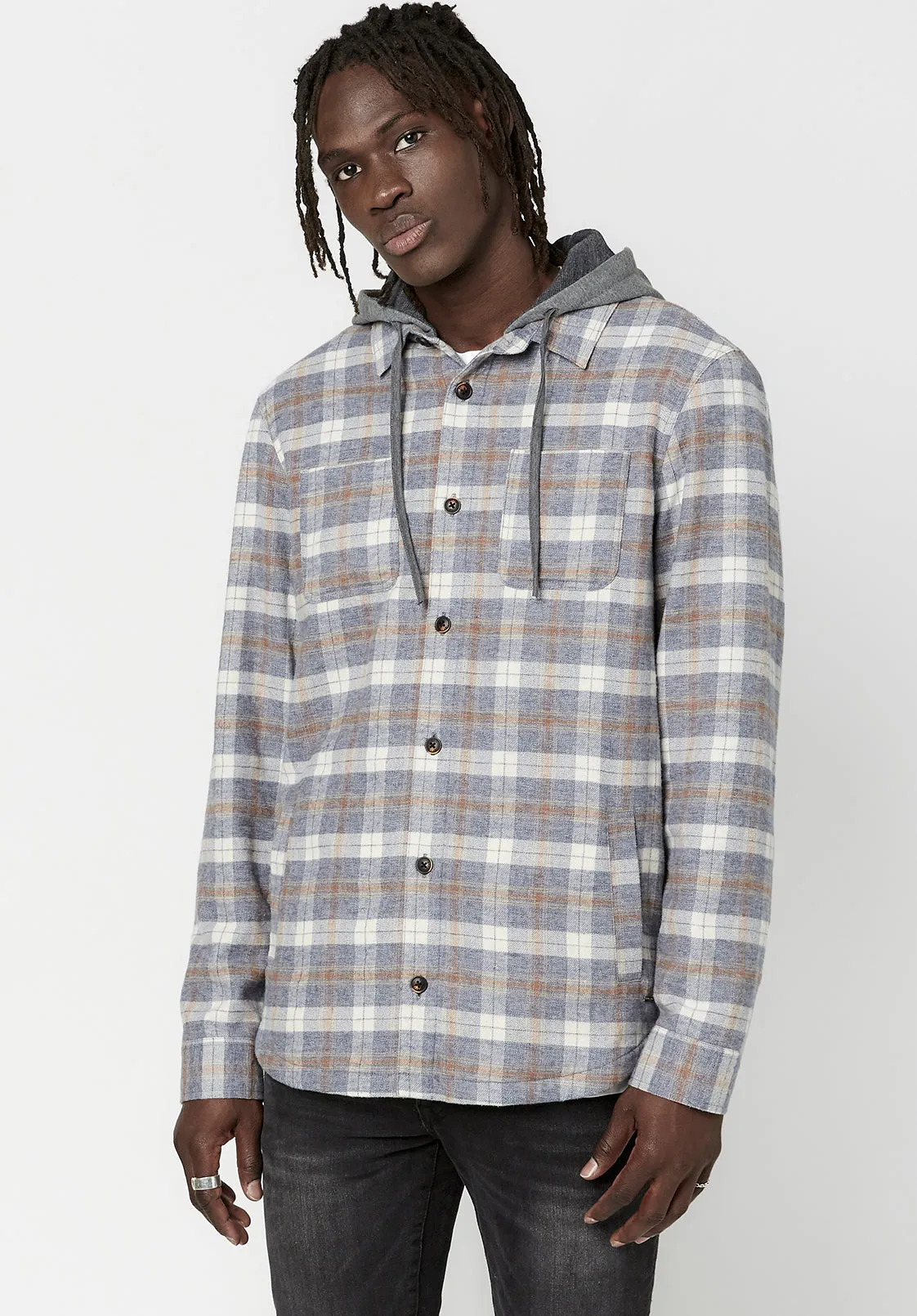 Sacket Men's Hooded Plaid Shacket in Grey - BM23662